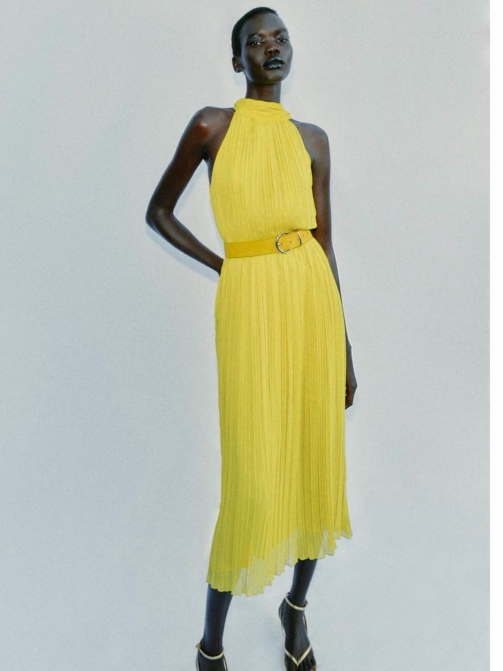 Zara Bright Lime Green Halter Pleated Midi Dress